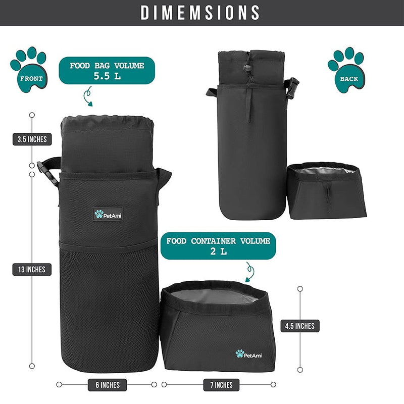 PetAmi Dog Food Travel Bag | Kibble Carrier for Dogs with Collapsible Dog Water Bowls Kit | Pet Food Travel Container Storage for Camping, Hiking Gear Accessories (Black, Grey) Food Bag & Collapsible Bowls Black & Gray - BeesActive Australia