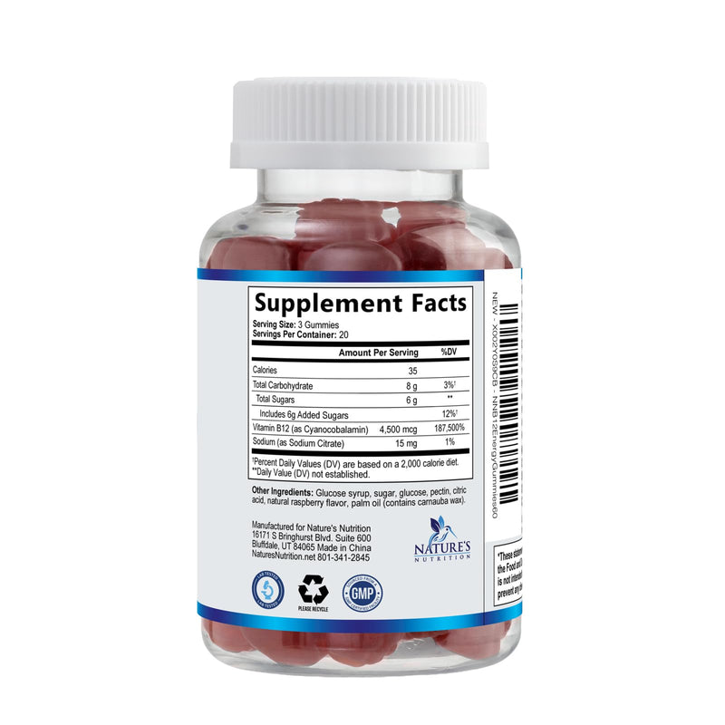B12 Energy Gummies - 4500 mcg Vitamin B12 Per Serving - Extra Strength Chewable B12 Supplement for Energy, Metabolism & Immune Support - For Women, Men & Kids - Natural & Berry Flavored - 60 Gummies 60 Count (Pack of 1)