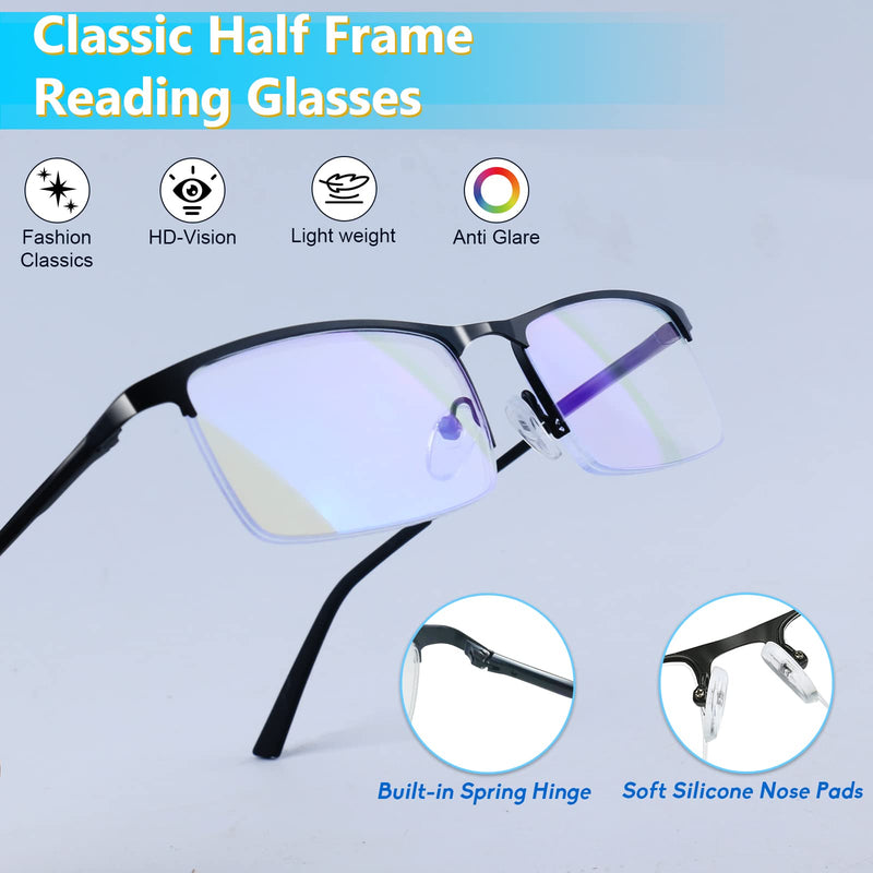 3 Pack Blue Light Blocking Reading Glasses for Men, Stylish Half Frame Metal Computer Readers, Lightweight Spring Hinge Eyeglasses Anti Eyestrain/Glare/UV (Mix Color, Black+Grey+Brown, 1.5) Mix Color(black/Grey/Brown) 1.5 x