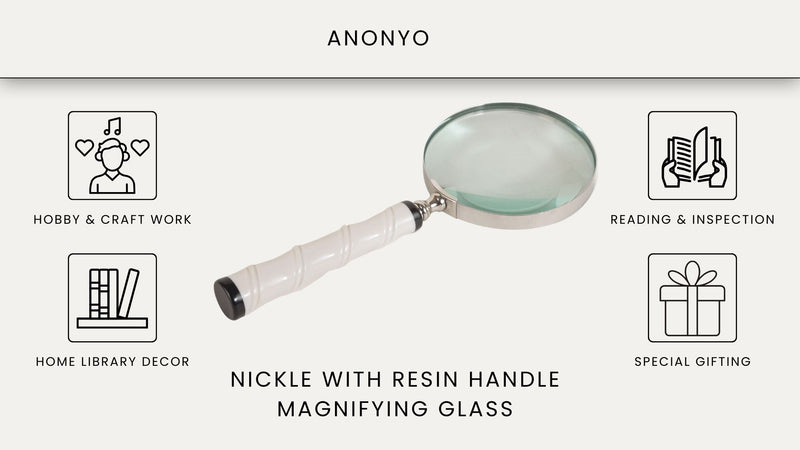 10X Magnifying Glass Lens with Nickle Finish & Carved White Resin Handle – Large Handheld Magnifying Glass for Reading, Vintage, Big Magnifying Reader (White)
