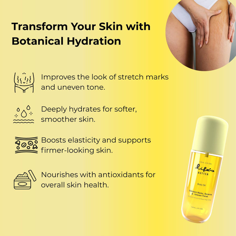 Life’s Butter Body Oil - Hydrating Stretch Mark & Scar Care For All Skin Types - Made in USA, Cruelty-Free, Hypoallergenic -100% Natural & Organic - Jojoba, Sweet Almond & Grapeseed Oils - Smooth Skin