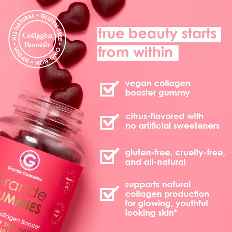 Grande Cosmetics Vegan Collagen Hair, Skin, Lash & Brow Gummies, 60 Ct | With biotin, folic acid & vitamin C for healthier-looking hair, skin, lashes & brows, citrus flavor, 1-month supply