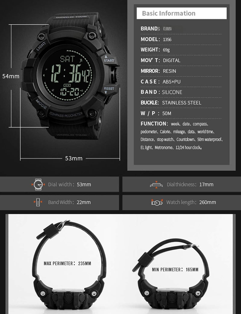 Mens Digital Sports Watch Waterproof Military Outdoor Compass Multifunction Wrist Watch Pedometer Calorie - BeesActive Australia