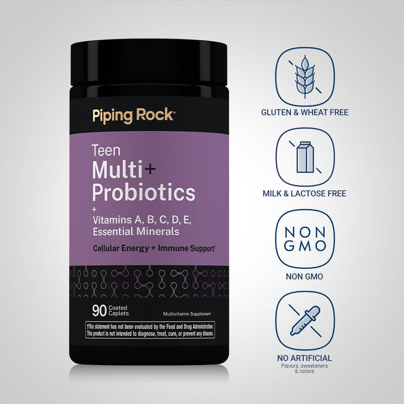 Piping Rock Teen Multivitamin + Probiotics | 90 Caplets | with Essential Vitamins & Minerals | Immune Support | Non-GMO, Gluten Free