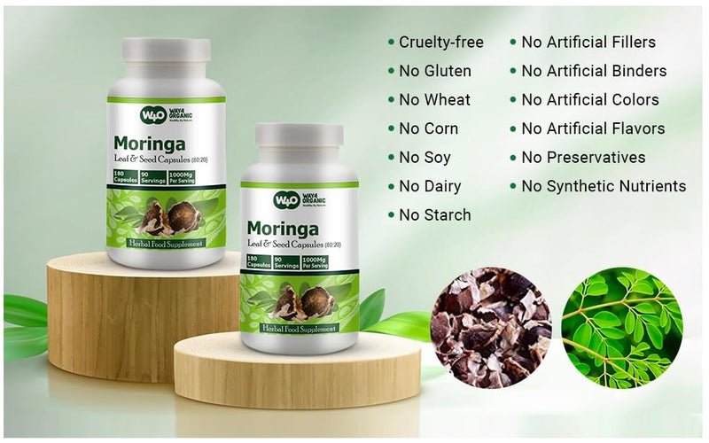 Moringa Oleifera Leaf and Seed Powder (80:20) Ratio 180 Capsules, 90 Servings, 1000 mg. Malunggay Leaf and Seed Powder, Green Superfood. Pack of 2.