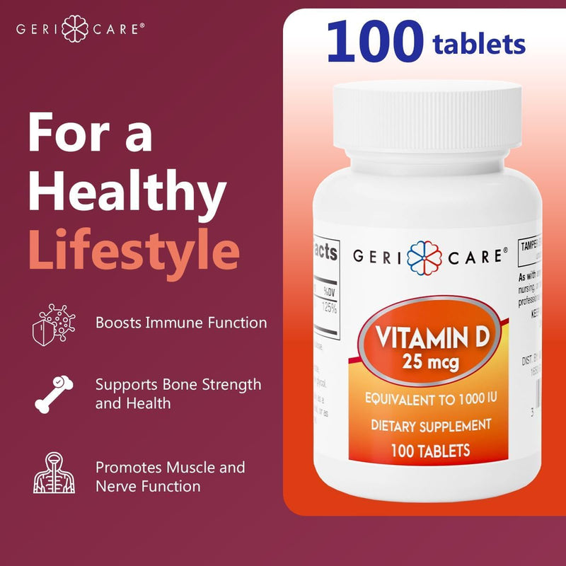 GeriCare Vitamin D 25mcg Tablets, Promotes Healthy Bones & Immune Support, Dietary Supplement, 100 Count (2 Pack) 100 Count (Pack of 2)