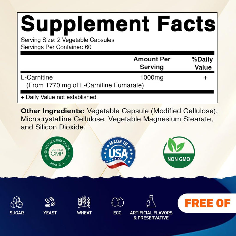 Vitamatic L-Carnitine Fumarate 1000 mg - 120 Vegetable Capsules (1 Bottle) 1 Bottle - BeesActive Australia