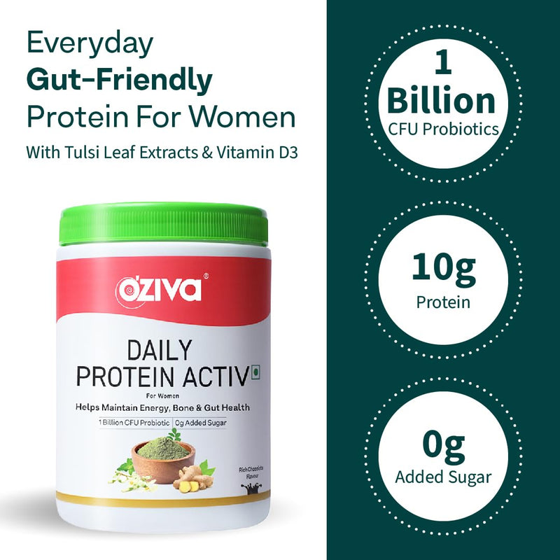 OZiva Daily Protein Activ for Women | Best Protein Powder for Women with 120g Protein, Probiotics, Shatavari for Increased Energy Levels, Bone Health and Hormonal Balance (Chocolate 300 g)