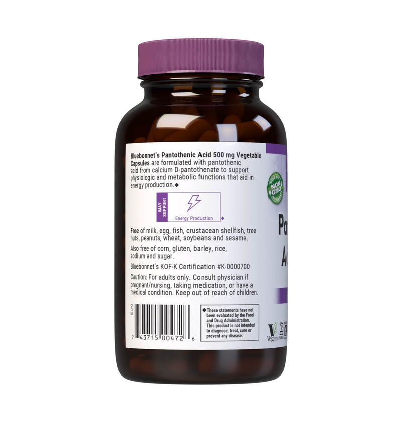 Bluebonnet Pantothenic Acid 500 mg Vegetable Capsules, 180 Count | Non-GMO, Vegan, Gluten-Free 1 180 Count (Pack of 1)