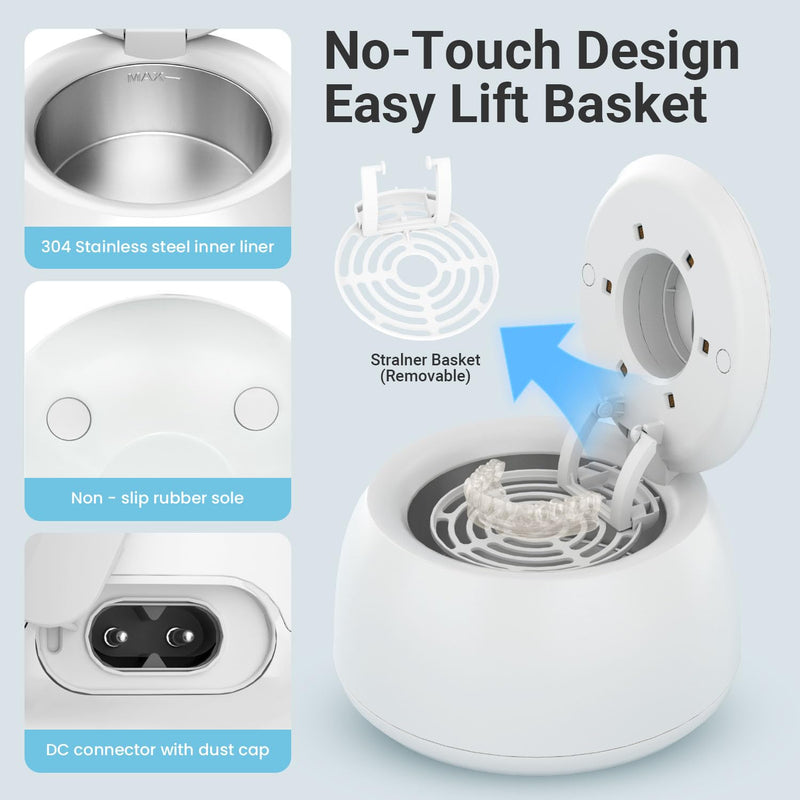 Ultrasonic Retainer Cleaner for Aligners & Dentures, 45kHz Dental Cleaning Machine with Digital Timer, 200ML Stainless Steel Tank, Low Noise Cleaner for Braces, Mouth Guards & Daily Dental Care White