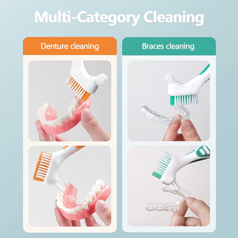 Denture Toothbrush Set, Portable Dual Head Denture Brush with Cover Case, Denture Cleaning Tool Set for Travel, Home and Camping, Dental Cleaning Brush Set for Denture Care False Teeth Cleaner Tool - BeesActive Australia