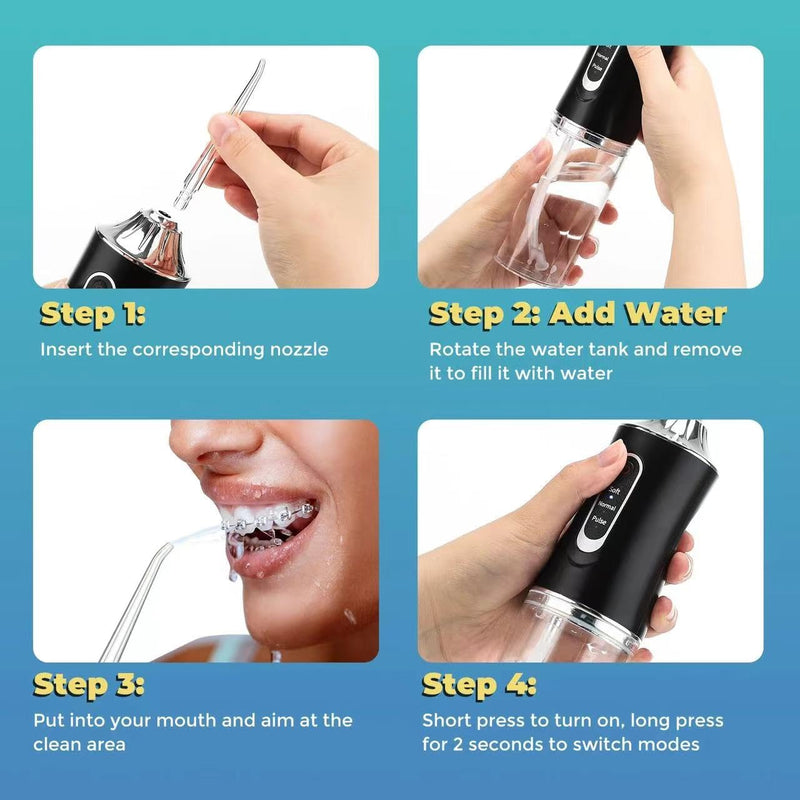 Water Dental Flosser Teeth Pick Portable Cordless Oral Irrigator Rechargeable Travel Irrigation Cleaner 3 Modes 4 Jets IPX7 Waterproof Electric (Black) Black