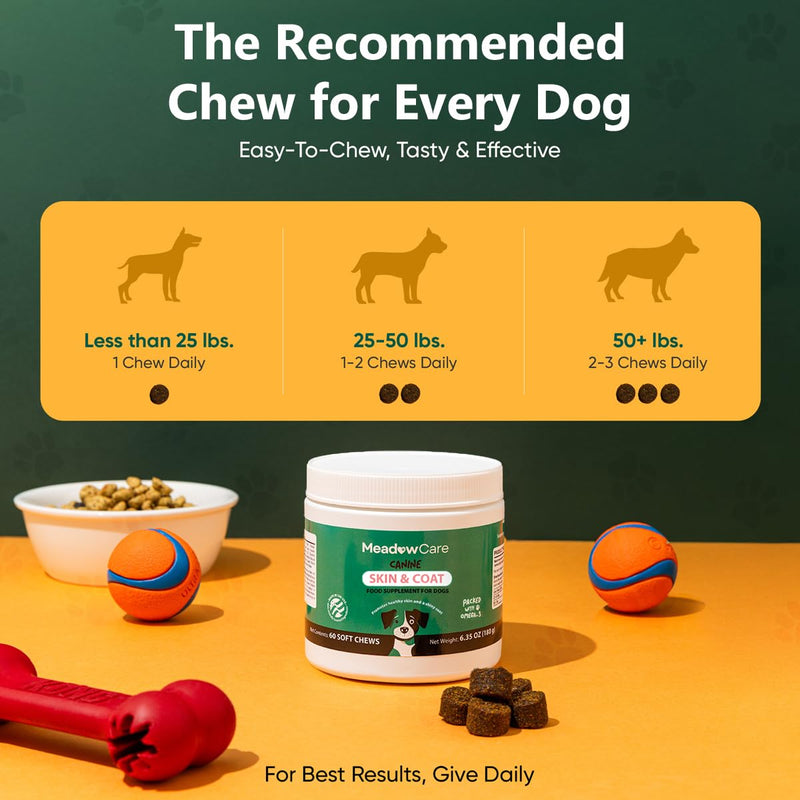 Skin and Coat Supplement for Dogs | Omega 3 Fatty Acid Formula to Support Canine Healthy Skin, Reduce Shedding, and Improve a Glossy, Shiny Coat | 60 Tasty Soft Chews 180g (6.35 oz) | by MeadowCare