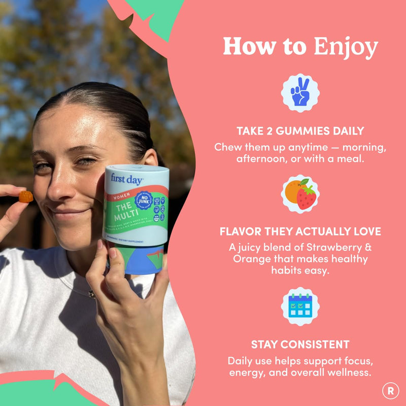 FIRST DAY Women's Multivitamin Gummies with Methylated Folate, 60 Gummies | Vegan daily multivitamin for women with biotin, zinc and organic superfood blend; take 2 gummies daily for everyday nutrition 60 Count (Pack of 1) Womens