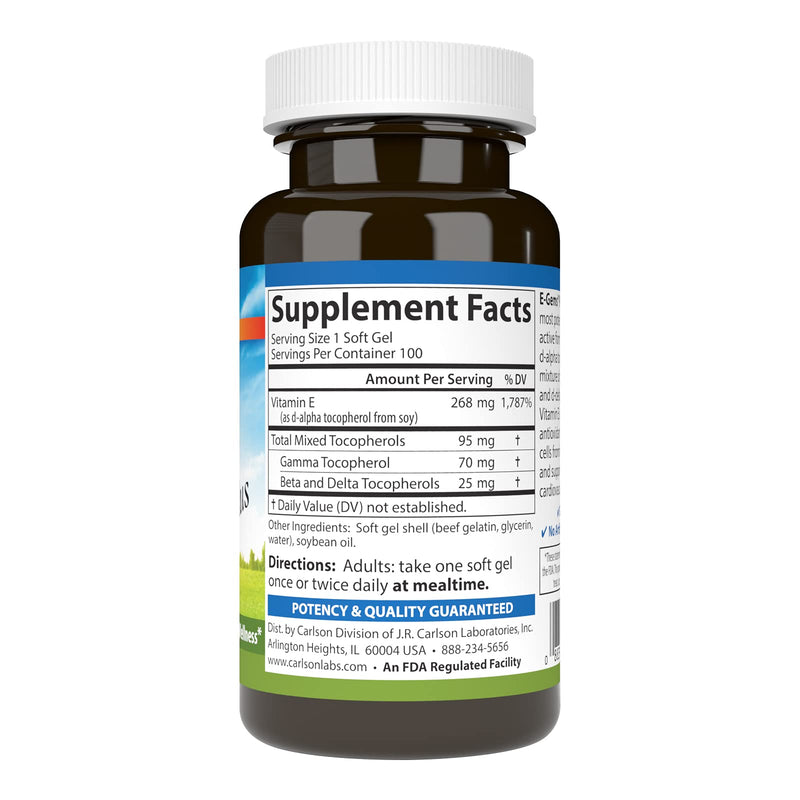 Carlson E-Gems Plus, 400 IU (268 mg), Optimal Wellness, 100 Soft Gels | Natural-Source Vitamin E