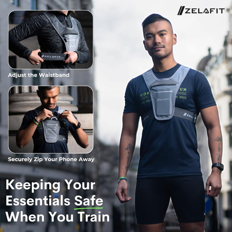 ZelaFit™ Running Vest for Women & Men Running Phone Holder – Perfect for Running Gear, Running Accessories, Running Essentials - Lightweight Chest Rig Phone Holder for Running (Silver) Silver
