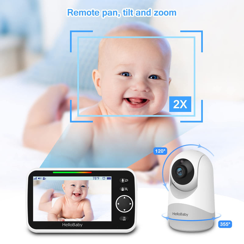 HelloBaby Monitor with Camera and Audio, 5'' Screen with 16-Hour Video Streaming, Remote Pan-Tilt-Zoom Camera, Two-Way Talk, VOX Mode, Auto-Night Vision, Range up to 960ft and No WiFi - BeesActive Australia