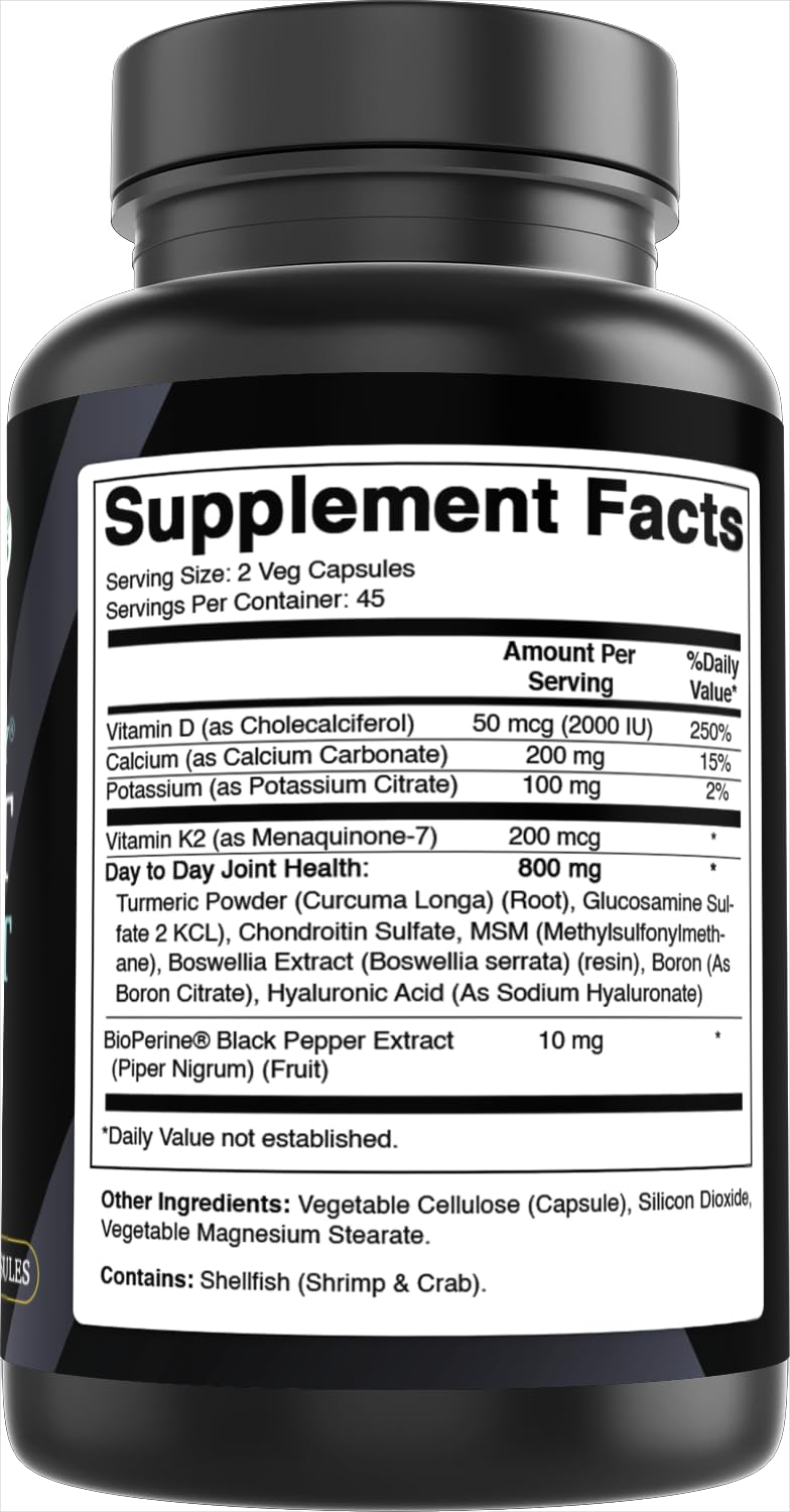 Best Naturals Day-to-Day Joint Support 90 Veg Capsules - Made with Vitmain D, K2, Calcium, Potassium, Turmeric, Glucosamine, Chondroitin, MSM