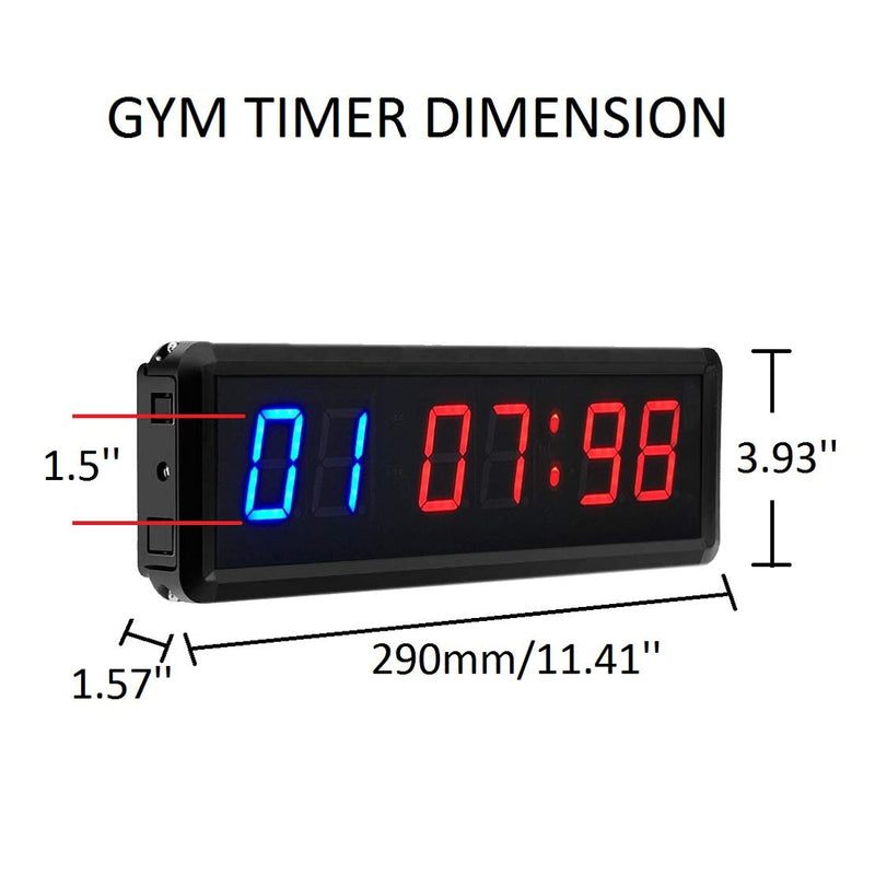 Gym Timer Clock Digital Interval Tabata Workouts Fitness Wall Small with Remote Home Garage Office Jujitsu School Referee Studio Church Service (Two Blue+Four Red 1.5") Two Blue+four Red 1.5"