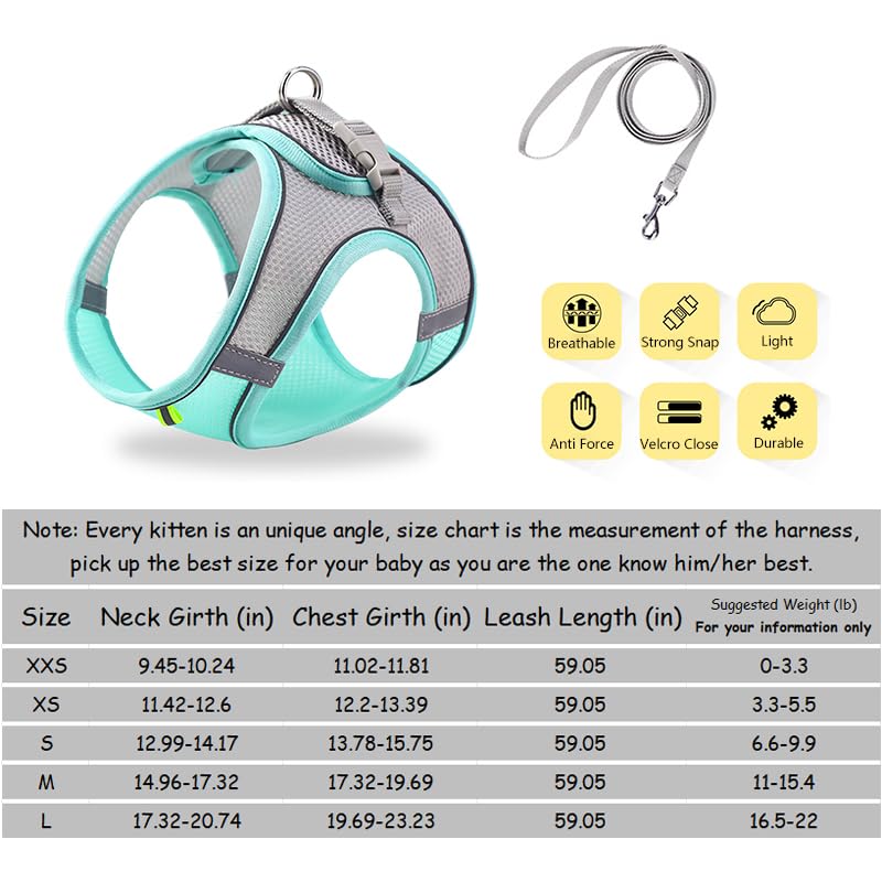 Cat Harness and Leash Set Soft Adjustable Escape Proof Cat Leash Breathable Comfortable Vest Easy to Wear Kitten/Small Dogs Harness for Outdoor Walking Green M Aqua Medium - BeesActive Australia