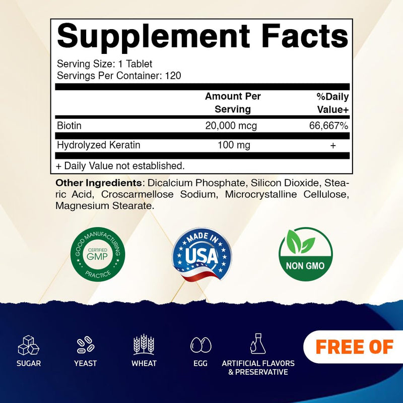 Vitamatic Biotin 20,000 mcg Tablets with Keratin, 120 Count - 3 Pack | Supports Healthy Hair, Nails and Skins*, Non-GMO, Gluten Free, Made in USA 360 Count (Pack of 1)