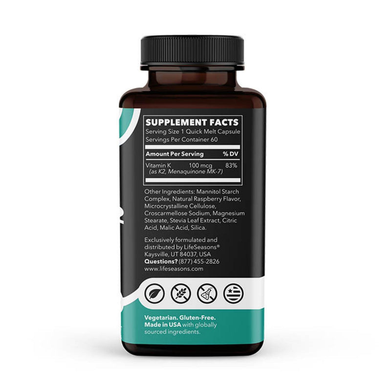 LifeSeasons Essentials MK-7 Vitamin K2 Quick Melts – Bone & Cardiovascular Support Supplement – Supports Calcium Utilization & Blood Clotting – Berry Flavor – 100 mcg per Serving – 60 Quick Melts