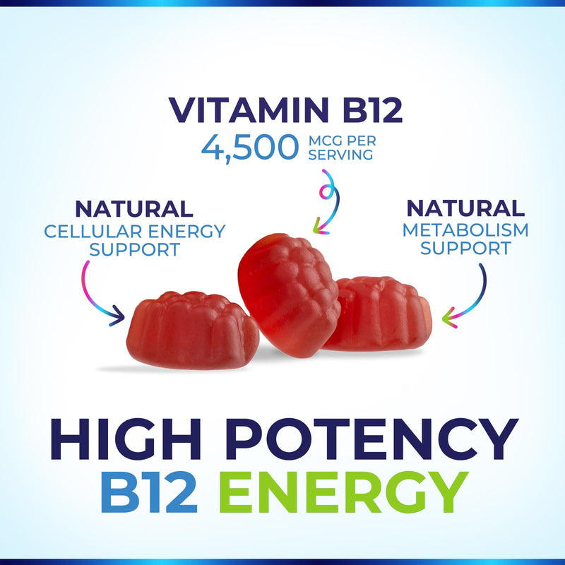 B12 Energy Gummies - 4500 mcg Vitamin B12 Per Serving - Extra Strength Chewable B12 Supplement for Energy, Metabolism & Immune Support - For Women, Men & Kids - Natural & Berry Flavored - 60 Gummies 60 Count (Pack of 1)