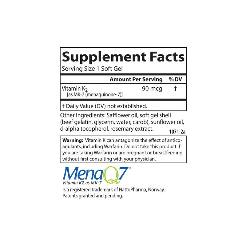 Carlson Vitamin K2 MK-7 (Menaquinone), 90 mcg, Bone Support, 60 Softgels | Calcium Bioavailability; K2 Vitamin; Vitamin K-2