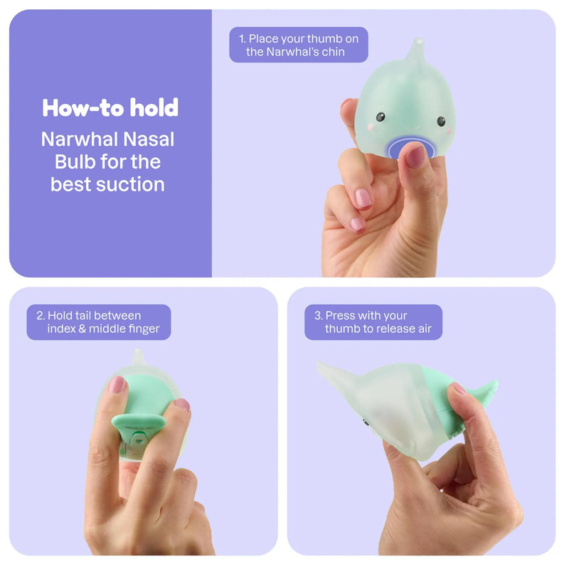 Playhouse MD Booger Buddy Nasal Aspirator Bulb, Narwhal - with LED Light for Babies & Toddlers – BPA-Free Snot Remover for Infant Stuffy Nose and Congestion Relief – Easy to Clean Design