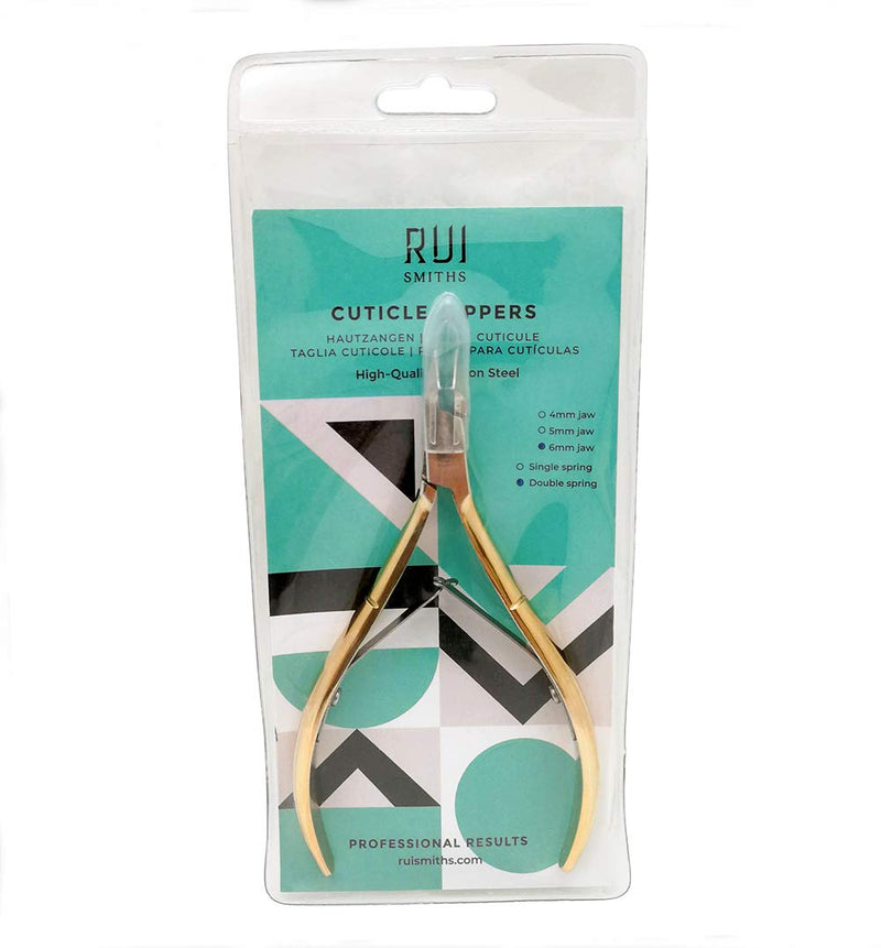 Rui Smiths Professional Cuticle Nippers, Gold-Plated Carbon Steel, French Handle, Double Spring, 6mm Jaw (Full Jaw)