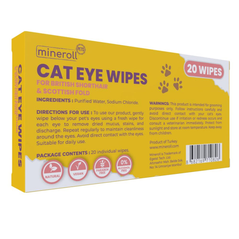 Cat Eye Wipes for British Shorthair and Scottish Fold - Individually Wrapped, Gentle Tear Stain Remover, Fragrance-Free, Alcohol-Free, Vegan, Soft Fabric - 20 Count