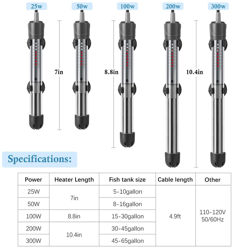 HITOP 50W Adjustable Aquarium Heater, Submersible Fish Tank Heater Thermostat with Suction Cups for 8-16Gal 7in-50w
