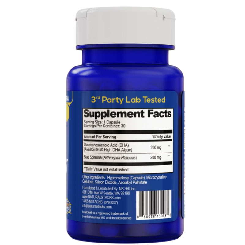 Smart Omega 3 Supplement with Blue Spirulina & Algae Oil DHA, 30 Capsules | Fish Oil Free Antioxidant Supplement - Plant Based Algae Oil w/ 200mg DHA for Brain Health - Non-GMO & Vegan - Natural Stacks