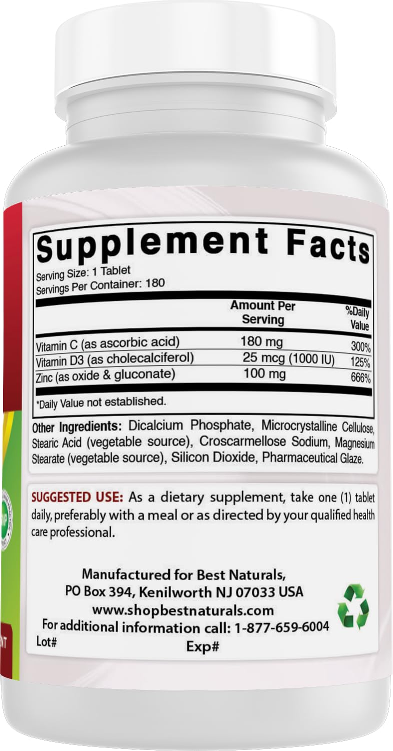 Best Naturals Zinc 100 mg with Vitamin C & D3 180 Tablets Gluten Free and Non-GMO