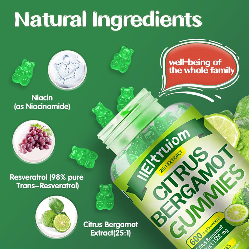 Citrus Bergamot Gummies 1500mg with Resveratrol & Niacin, Vegan Formula | Made with Clean Ingredients in a Free from Artificial Colors and Flavors, 60 Gummies 1