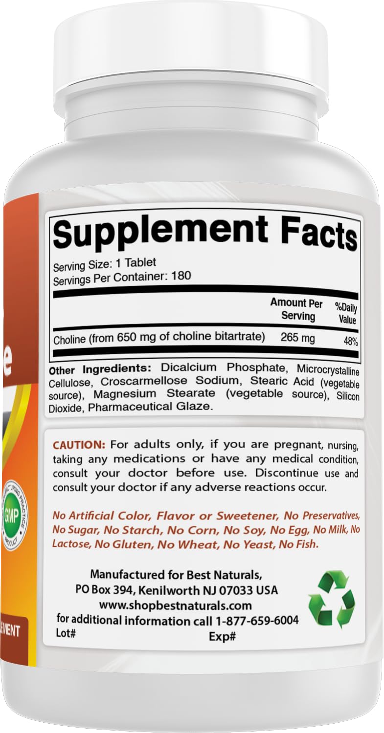 Best Naturals Choline Bitartrate 650 mg (Non-GMO) for Healthy Cognitive Brain Function 180 Tablets