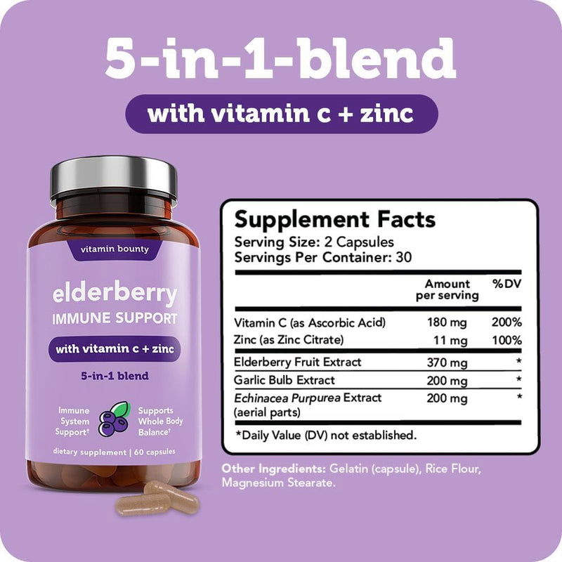 Vitamin Bounty Organic Elderberry Capsules – Sambucus Elderberry with Vitamin C and Zinc – Immune System Boosters for Adults – Antioxidant Formula for Immune Support– Non-GMO, 60 Capsules