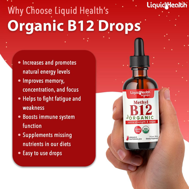 LIQUIDHEALTH USDA Organic Methyl Vitamin B12 Methylcobalamin Liquid Drops with Tart Cherry Juice - Boost Energy, Immune Support, Improve Memory & Concentration - USA Made, Vegan, Non-GMO (3 Pack) 2 Fl Oz (Pack of 3)