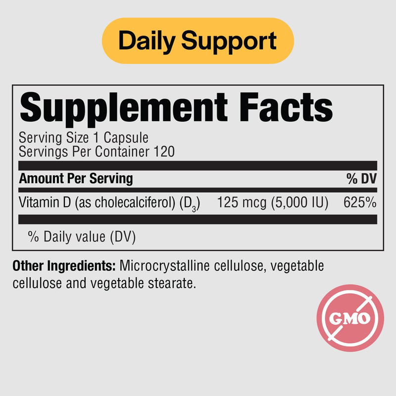 PureFormulas Vitamin D3 5,000 IU 125 mcg - Pure Vitamin D Supplement for Healthy Bone Formation, Teeth, Cardiovascular Health, and Immune Support Non-GMO - 120 Count Vegetarian Capsules 120 Count (Pack of 1)