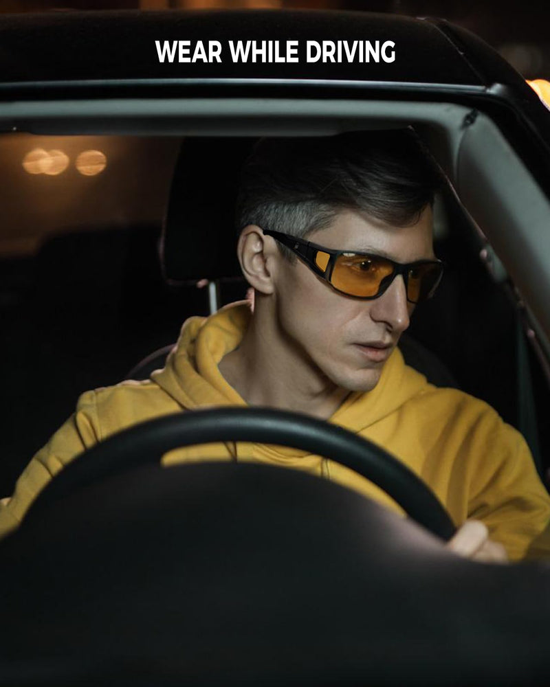 Night Driving Glasses for Men Women Fit Over Sunglasses Anti Glare Polarized HD Night Vision Glasses A02 Glossy Black Frame/ Yellow Night Vision Lens - BeesActive Australia