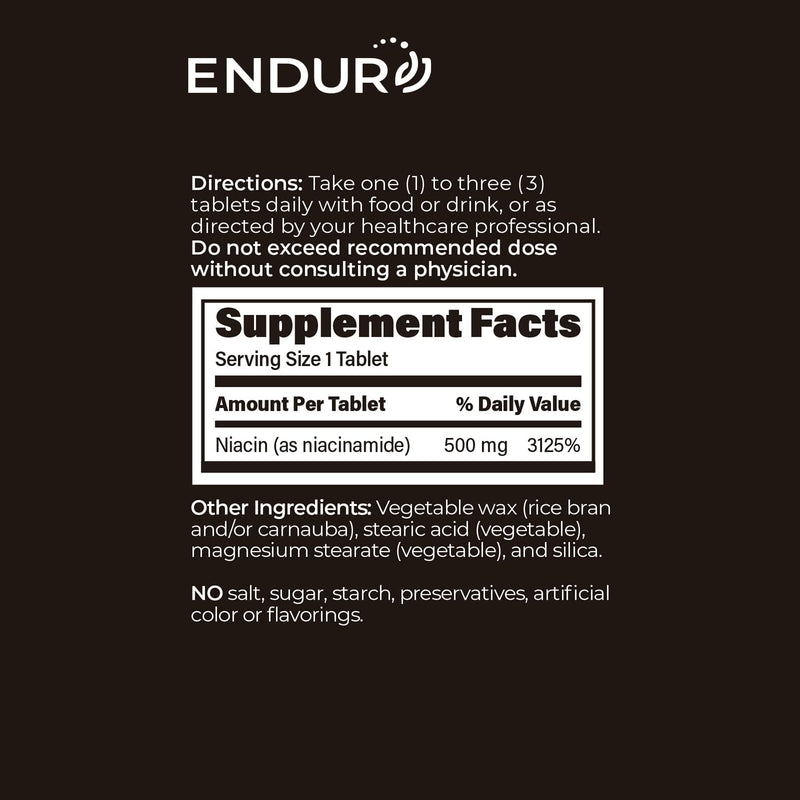ENDUR-AMIDE - SR (Sustained Release) Niacinamide 500 mg (200 ct) | Sustained-release wax matrix delivery, 5–7 hour gradual release, supports NAD and cellular energy 200 Count (Pack of 1)