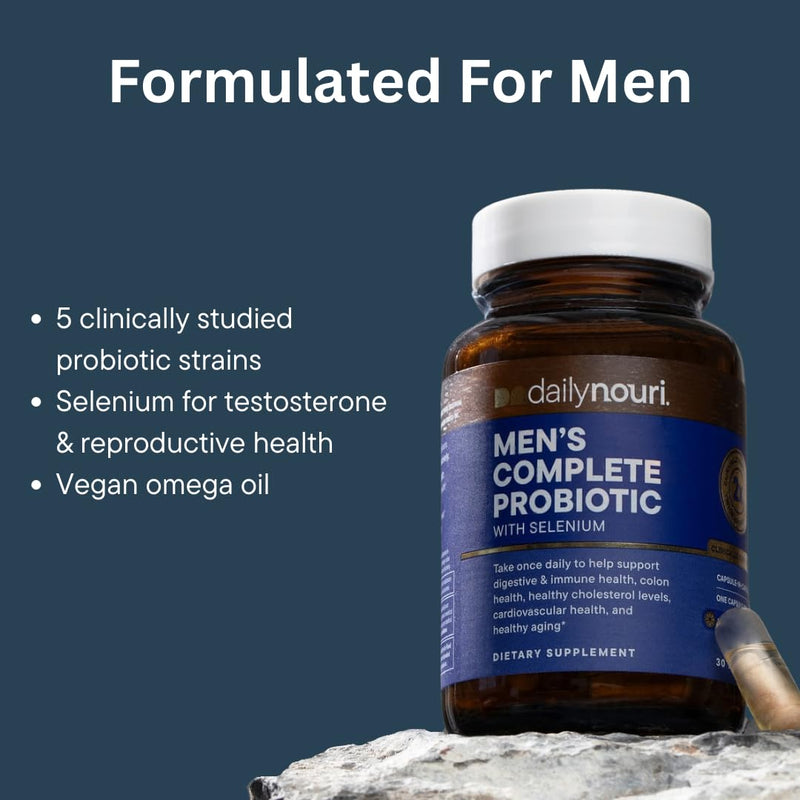 Daily Nouri Probiotics for Men | Men's Vitality, Gut Microbiome & Colon Health Support | 5 Clinically Studied Strains + Selenium & Vegan Omega | 30-Day Supply (Pack of 2) 30 Count (Pack of 2)