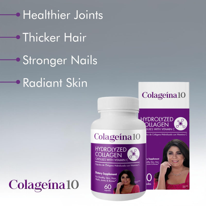 Colageina 10 Collagen Capsules with Vitamin C, Reduces Aging Signs, Improves Skin Elasticity, 60 Count