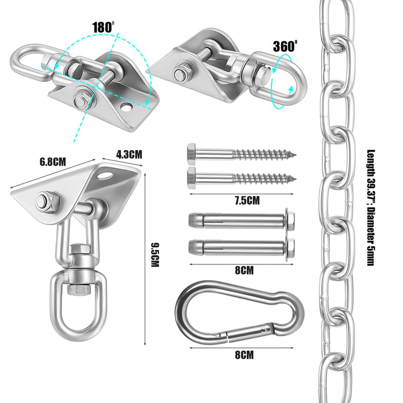 Hammock Hanging Kit, Hanging Chair Hardware with Chain 1200 lb Capacity Hammock Hooks, Heavy Duty Porch Swing Hanger, 360 Swivel Ceiling Hooks Snap for Chair, Seat, Yoga, Punching Bag, Gym (Silver) Silver Hammock + Chain
