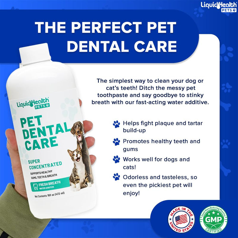 LIQUIDHEALTH Pet Dental Care Water Additive for Dogs & Cats - Fast Acting Pet Bad Breath Freshener, Dog Mouth Wash, Animal Oral Dental Rinse, Plaque & Tartar Teeth Cleaning Solution, USA Made (16 oz) 16 Fl Oz (Pack of 1)
