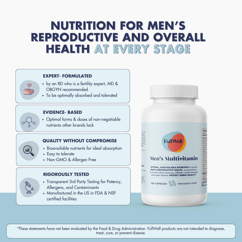 FullWell Men's Multivitamin, 120 Count (30 Servings) | Daily Multivitamin for General and Reproductive Health, Supports Sperm Health, Hormone Balance, and Fertility*