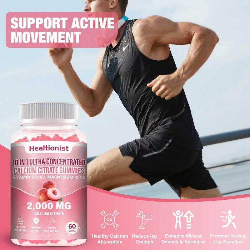 2 Packs 2000mg Calcium Citrate with Vitamin D3 K2 Supplements Gummies for Women & Men, Magnesium, Zinc, High Absorption, Bone, Muscle & Immune Support, 120 Counts Peach Flavor Gummies 60 Count (Pack of 2)