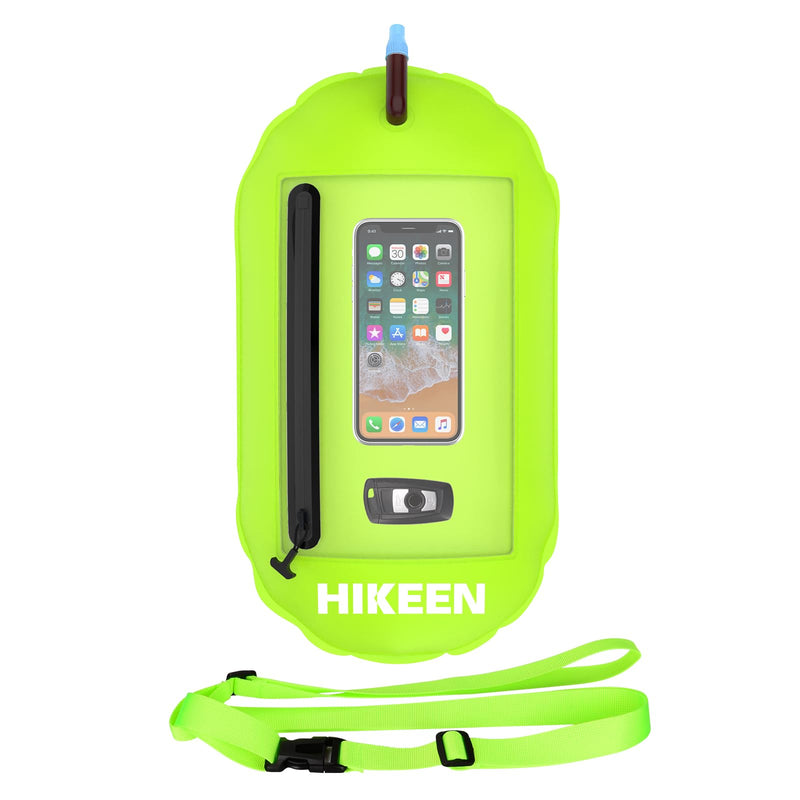 Hikeen Swim Buoy -Waterproof Touchscreen Storage Space, Swim Safety Float w/Adjustable Waist Belt for Open Water Swimmers and Triathletes -Be Bright,Be Safer & Be Seen Green