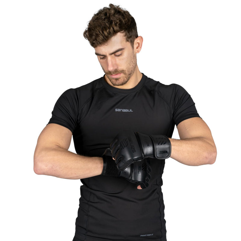 Sanabul Essential 4oz MMA Gloves for Men & Women, Professional Fighting Boxing Muay Thai Kickboxing Gloves for Sparring Grappling and Training AllBlack Small-Medium