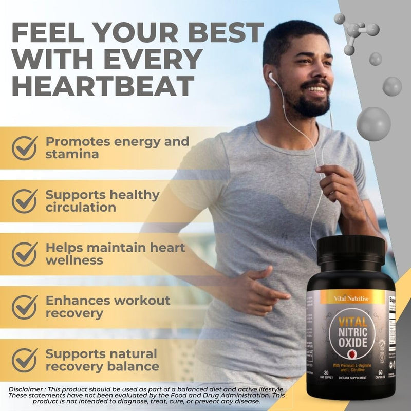 Vital Nitric Oxide Supplements for Men - Workout Booster Supplement for Men - Nitrous Oxide Boost Blood Flow, Blood Pressure, Energy & Workout Performance with L Arginine L Citruline-30 Days Supply 60 Count (Pack of 1)